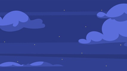 Night cloudy sky. Beautiful evening landscape with soft fluffy clouds and twinkling stars. Clear weather at night. Design element for background or banner. Cartoon flat vector illustration