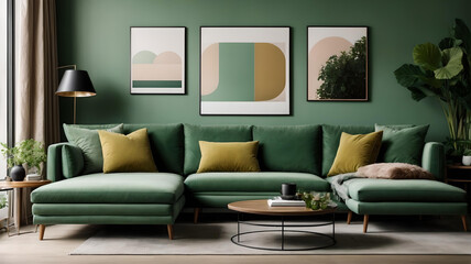 Interior design of living room with mockup posters and green sofa and wall