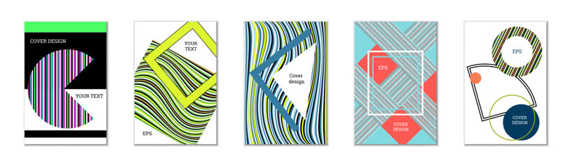 Geometric cover design, set of 5 covers. Abstract unusual background in Memphis style. Bright geometric shapes in random order