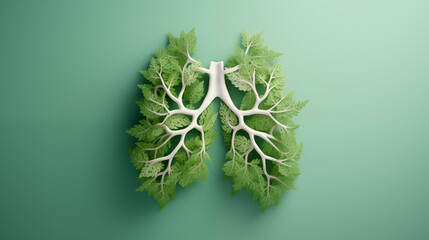 abstract image of human lungs with green leaves on green background copy space. - obrazy, fototapety, plakaty