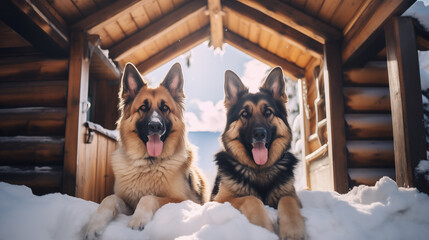 
large beautiful dogs on the snow-covered porch of the house. Christmas atmosphere - obrazy, fototapety, plakaty