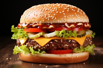 Delicious hamburger on wooden table, close-up, horizontal