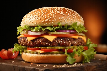 Delicious hamburger on wooden table, close-up, horizontal
