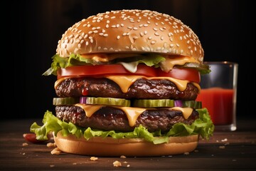 Delicious hamburger on wooden table, close-up, horizontal