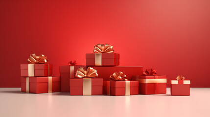 Obraz premium Red gift boxes on a red background with golden ribbon.