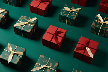 Many Christmas gift boxes are shown on a green background.
