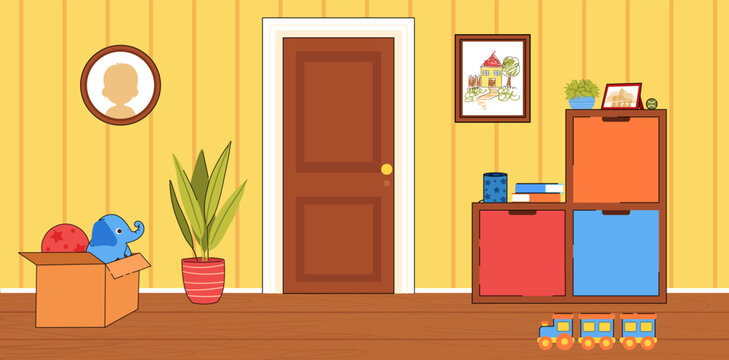 Cute children room. Colorful banner with kid bedroom interior with yellow walls, toys, wooden furniture and decorative elements. Stylish apartment. Design for game. Cartoon flat vector illustration