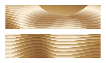 Wavy golden parallel gradient lines, ribbons, silk. Golden with shades of yellow background, banner, poster. Set of 2 backgrounds. Eps vector
