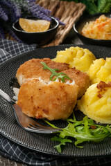 Fried cod fillet served.