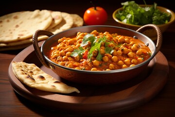 A mouthwatering food photo featuring Chana Masala, a spicy chickpea stew in a luscious tomato gravy, served with soft naan bread. The vibrant presentation beckons to indulge in this flavorful Indian 