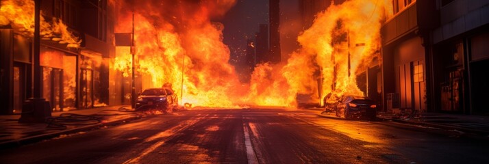 Apartment building fire in the city, skyscraper burning, the problem of extinguishing high-rise houses, banner