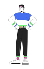 Confident hands on hips korean guy 2D linear cartoon character. Casual 80s outfit asian man posing isolated line vector person white background. Nostalgia fashion color flat spot illustration