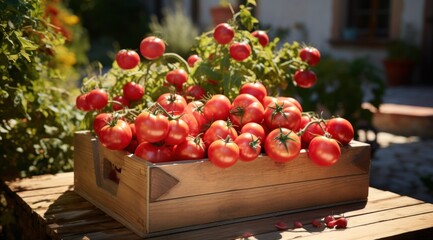 a wooden box full of tomatoes in the garden,