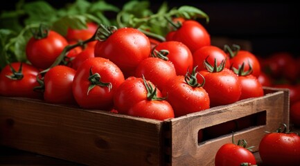 a wooden box full of tomatoes in the garden,