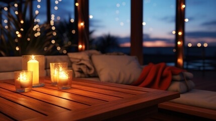 a wooden table that is lit up with christmas lights,