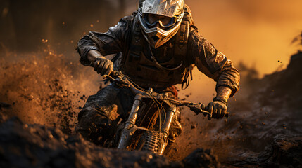 Young athlete races downhill on a mountain bike, muddy tire kicks up against the sun - obrazy, fototapety, plakaty