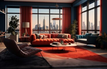 an apartment with a grey couch, a red rug, and red curtains,