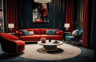an apartment with a grey couch, a red rug, and red curtains,