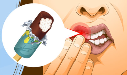 Increased dental sensitivity. Toothache. Sharp pain when  eating cold foods. Healthcare illustration, Vector illustration. 