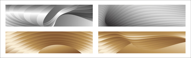 Wavy silver and gold parallel gradient lines, ribbons, silk. Set of 4 backgrounds. Black and white with shades of gray or golden silk. Banner, poster. eps vector