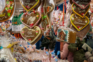 Fototapeta na wymiar Christmas Market stand in Krakow with lovely gifts