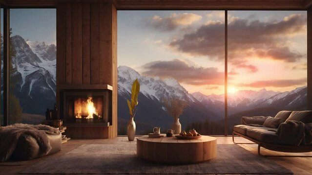 luxury living room, animated virtual backgrounds, stream overlay loop, sofa fireplace cozy interior golden hour sunset, vtuber asset twitch zoom OBS screen, anime chill atmospheric	