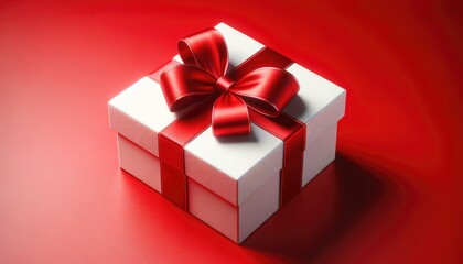 An elegant white gift box adorned with a lustrous red ribbon, set against a rich red background.