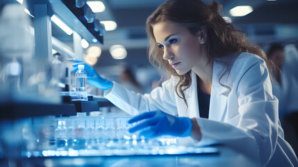 Mujer trabajando en un laboratorio haciendo investigaciones químicas - obrazy, fototapety, plakaty