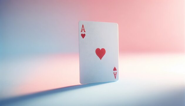 The Ace of Hearts stands delicately balanced on its corner against a serene pastel gradient of pink and blue, symbolizing a harmonious blend of love and tranquility.