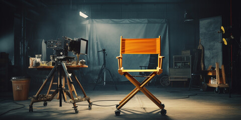 movie studio with a tripod and a chair on a dark background. - obrazy, fototapety, plakaty