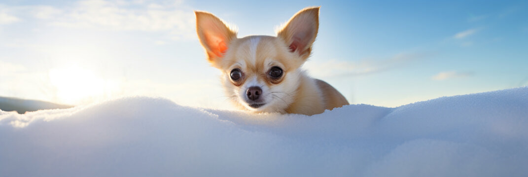 Closeup of cute chihuahua sitting in the snow and looking at the camera. Beautiful natural animal portrait, ideal as web banner for winter and christmas concepts.