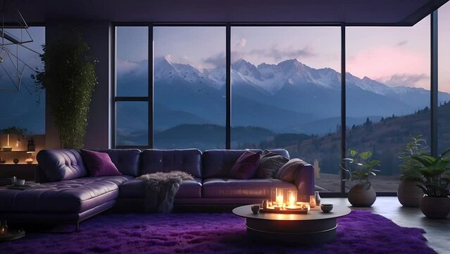 Animated virtual backgrounds, stream overlay loop, cozy purple living room with candle, sunset window. Vtuber asset twitch zoom OBS screen, anime chill hip hop video