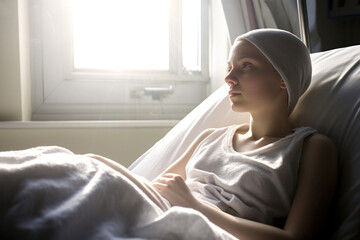 A young girl in her late teens lies in a hospital bed, she looks upset