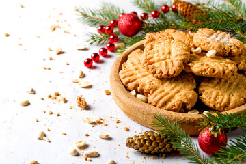 Peanut round cookies. Delicious sweets for Christmas. Festive cookies for the new year. Copy space for text