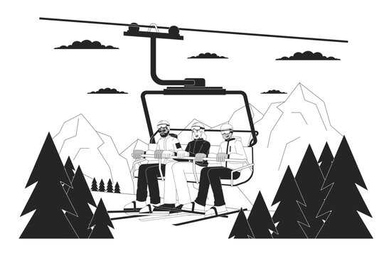 Gondola skiers riding on ski chairlift black and white cartoon flat illustration. Winter outerwear people on ski lift 2D lineart characters isolated. Wintersport monochrome scene vector outline image