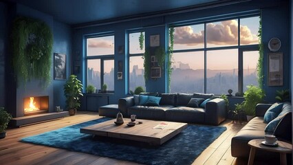 cozy living room with fireplace and greenery, animated virtual backgrounds, stream overlay loop, sofa cozy interior golden hour sunset sky, vtuber asset twitch zoom OBS screen, anime chill aesthetic