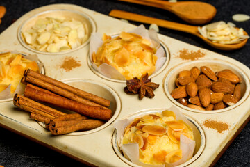Homemade chocolate muffin. Coffee muffins with almond flakes