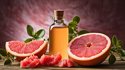bottle, jar with grapefruit essential oil extract