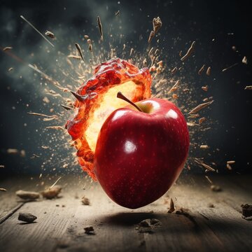 Exploding red apple fruit images black background AI Generated art