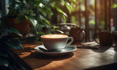 A cup of coffee with latte art on a wooden table, bathed in warm morning sunlight