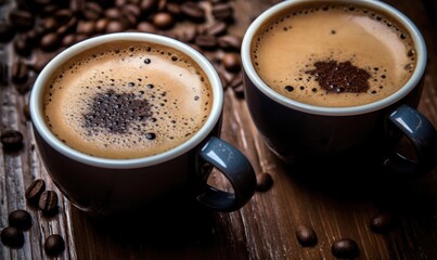 Two cups of freshly brewed espresso with froth on a rustic wooden surface, surrounded by scattered coffee beans
