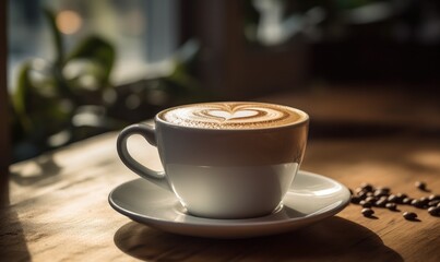 Obraz premium A cup of coffee with latte art on a wooden table, bathed in warm morning sunlight