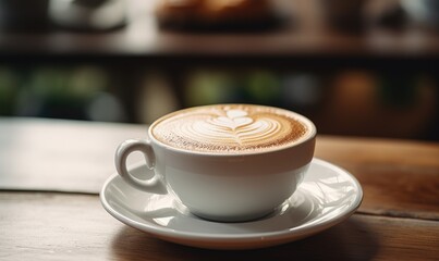 Obraz premium A cup of coffee with latte art on a wooden table, bathed in warm morning sunlight