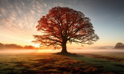 A majestic tree stands in a serene rural landscape bathed in the warm light of sunrise, with mist surrounding the area