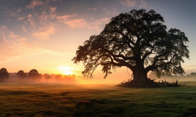 Fototapeta na wymiar A majestic tree stands in a serene rural landscape bathed in the warm light of sunrise, with mist surrounding the area