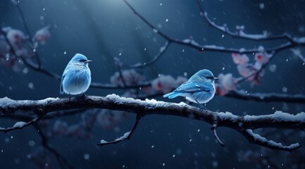 blue bird sitting on small branch in snowy night,