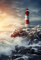Obraz premium blue sea in the winter landscape background lighthouse