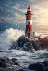 Foto op Canvas blue sea in the winter landscape background lighthouse © ArtCookStudio