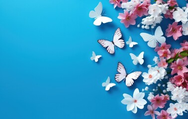 butterfly with white flowers on the blue background,