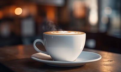 Obraz premium A cup of coffee with latte art on a saucer surrounded by warm light that invokes a cozy morning atmosphere